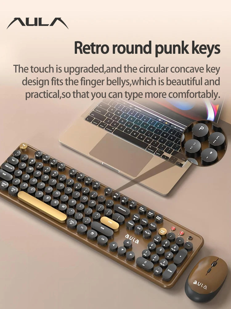 AULA AC306  Wireless Keyboard and Mouse Set  Retro Round Key Cap Full Size 104 Key Keyboard Set Laptop Office Recreation