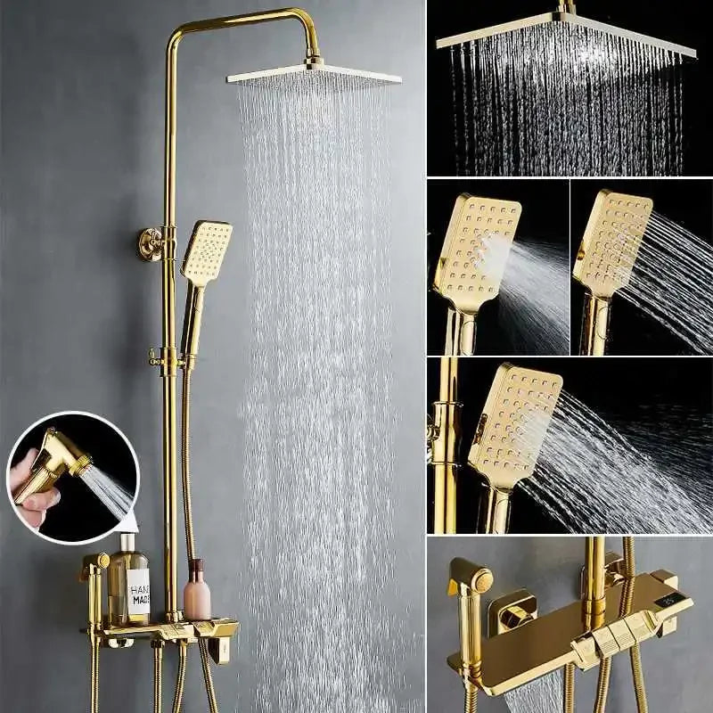 Gold Piano Digital Shower System for Hot Cold Bathroom Fixture Shower Faucet Rain Showe Head Thermostatic Bathroom Shower Set