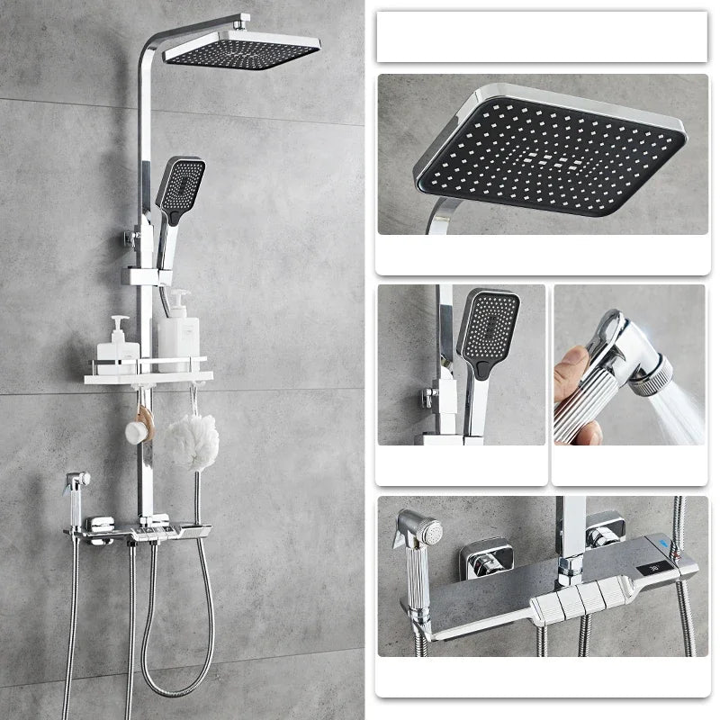 Gold Piano Digital Shower System for Hot Cold Bathroom Fixture Shower Faucet Rain Showe Head Thermostatic Bathroom Shower Set