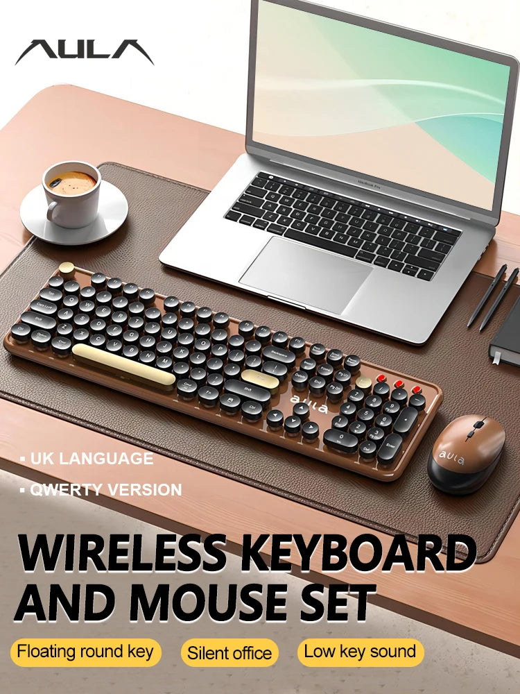 AULA AC306  Wireless Keyboard and Mouse Set  Retro Round Key Cap Full Size 104 Key Keyboard Set Laptop Office Recreation