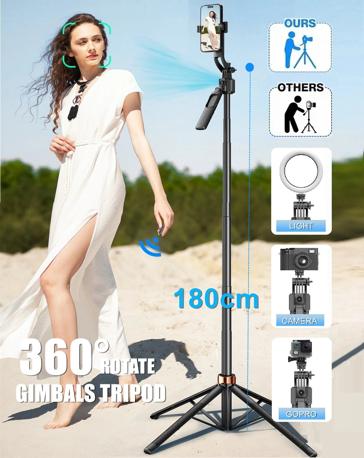 180cm/70.9in Fodable Auto Facial Follow-up Gimbals Stabilizers GoPro Action Camera Mobile Phone Holder Stand Selfie Stick Tripod